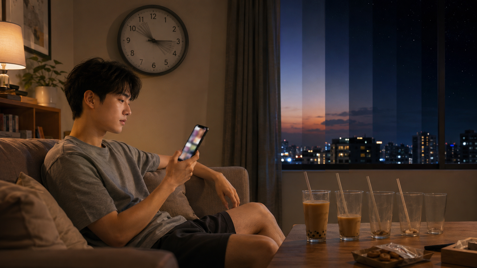 開場生活情境：本來只想滑一下，時間卻在沉浸觀看中快速流逝。