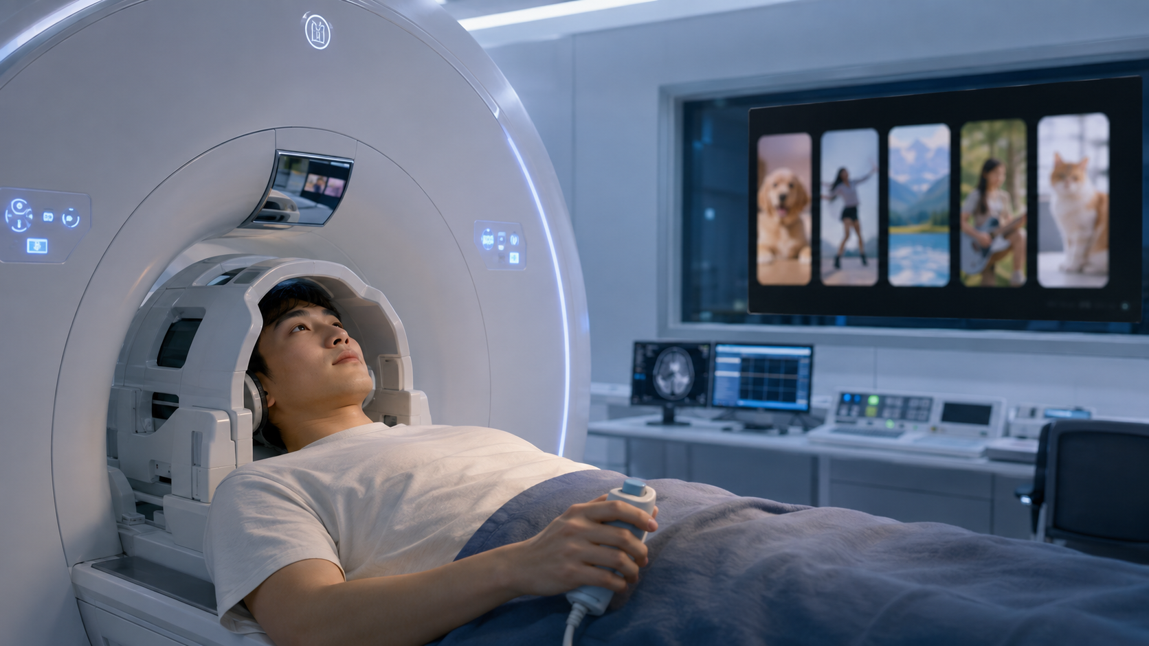MRI 自然觀看實驗示意：受試者可按鍵跳到下一支短影音。